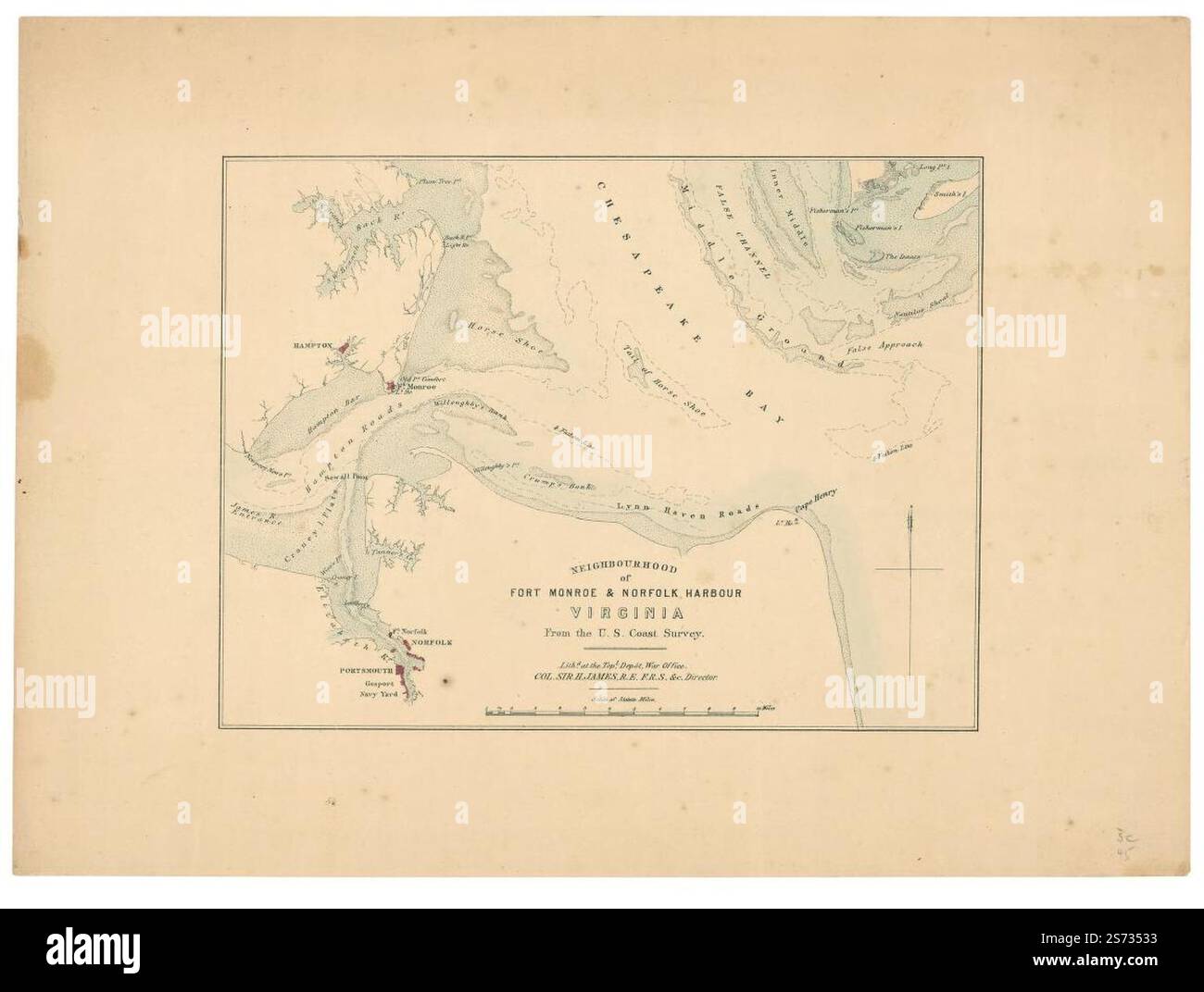 Nachbarschaft von Fort Monroe & Norfolk Harbour Virginia : aus der U.S. Coast Survey 1862 von James H., Großbritannien. Kriegsbüro. Topographisches Depot. Stockfoto