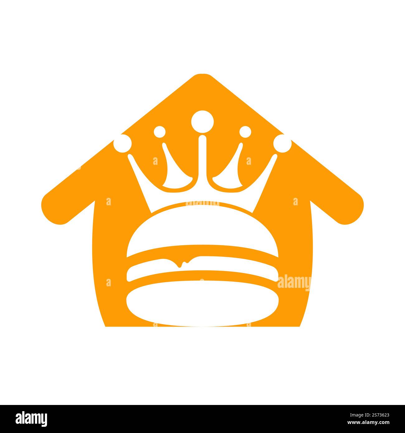 Burger King Vektor-Logo-Design. Burger mit Krone und Schnurrbart mit Logo in Heimform. Stock Vektor