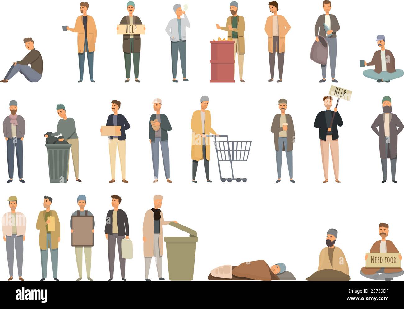 Armutssymbole setzen Cartoon-Vektor. Ehrenamtliche Wohltätigkeitsorganisation. Spenden Sie Hilfe. Armutssymbole setzen Cartoon-Vektor. Ehrenamtliche Wohltätigkeitsorganisation Stock Vektor
