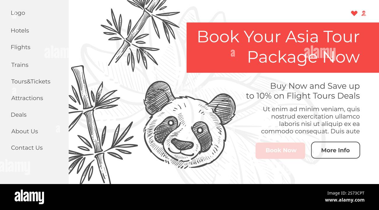 Buchen Sie jetzt eine Flugtour und sparen Sie bei Ihrem Paket. Bestellen Sie bei der Tourismusagentur, buchen Sie asiatischen Urlaub online. Einfarbige Skizzen Konturen. Website-Internet-Landing-Page-Vorlage, Vektor in flachem Stil. Buchen Sie Ihr Asien-Tour-Paket jetzt auf der Website Stock Vektor