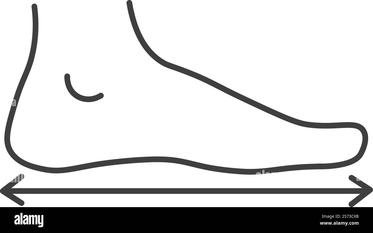 Maße und Abmessungen der menschlichen Füße, Kleidung und Schuhe in der Größentabelle. Proportionen für die richtige Passform, Länge und Breite des Fußes. Isolierte Ikone, minimalistisches Line Art Label. Vektor in abgewickelter Form. Abmessungen und Messungen des menschlichen Fußvektors Stock Vektor