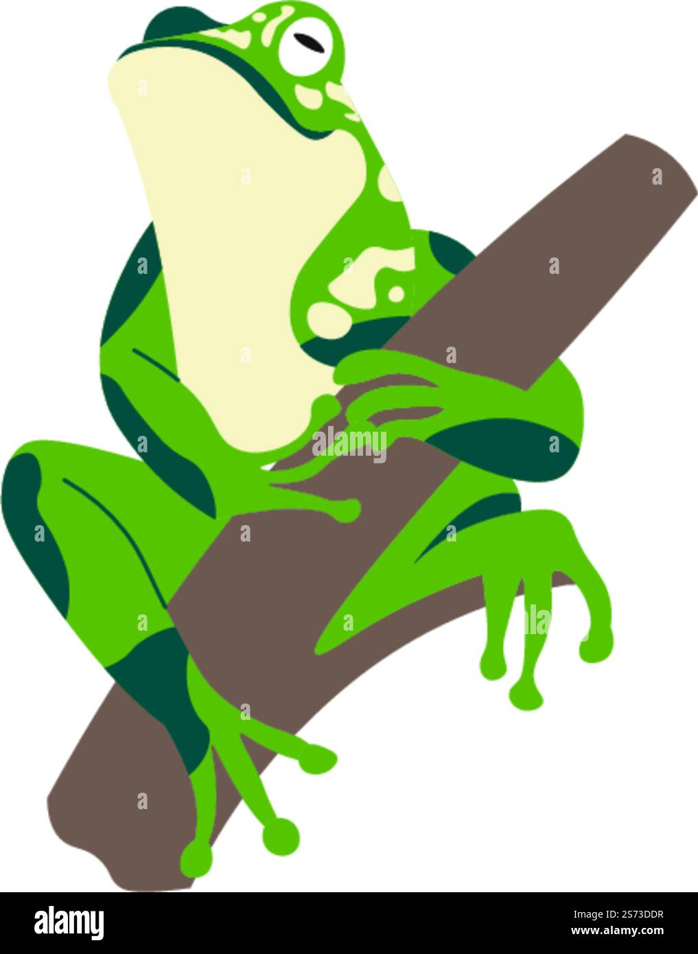Exotische Tierwelt und Wildnis, isolierter Frosch, der auf einem Ast sitzt. Waldfauna und tropische Lebewesen. Reptilien- oder Amphibienarten, Garten- oder Zoo-Wirbeltiere. Vektor in abgewickelter Form. Frosch sitzt auf einem Zweig, exotisches Reptilientier Stock Vektor