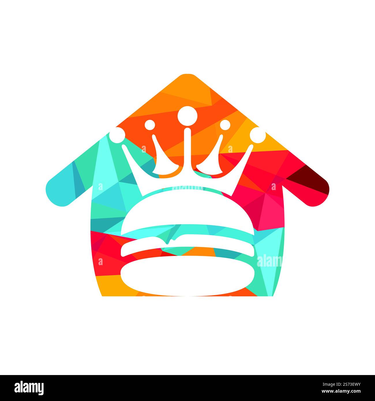 Burger King Vektor-Logo-Design. Burger mit Krone und Schnurrbart mit Logo in Heimform. Stock Vektor