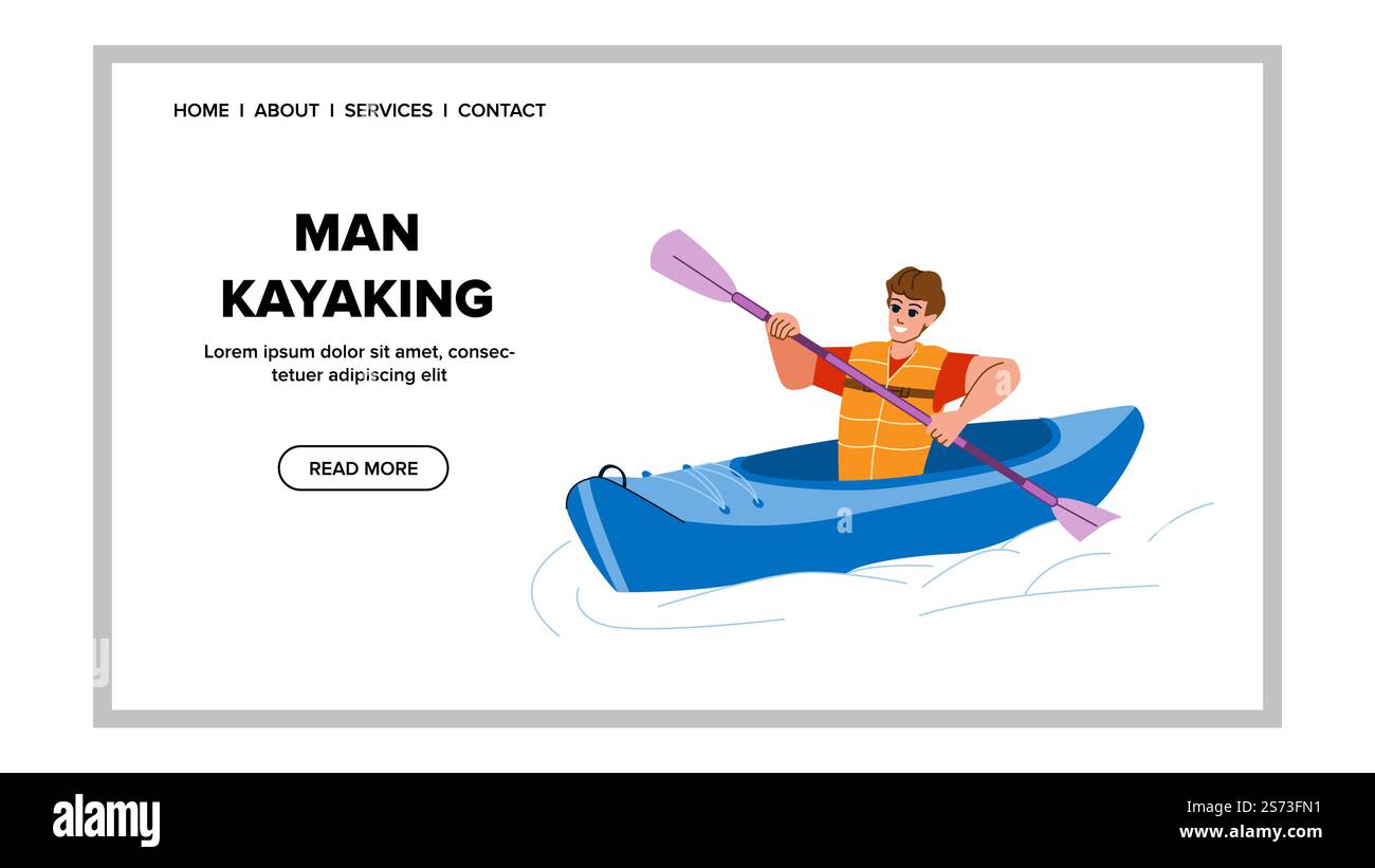 Man Kajak-Vektor. Lustiges Wasser, Flusssee, Abenteuersommer, Sportkajakfahren, Kanu paddeln, Aktivitätsboot, Urlaubsmann Kajak Web flache Karikaturillustration. Man Kajak-Vektor Stock Vektor