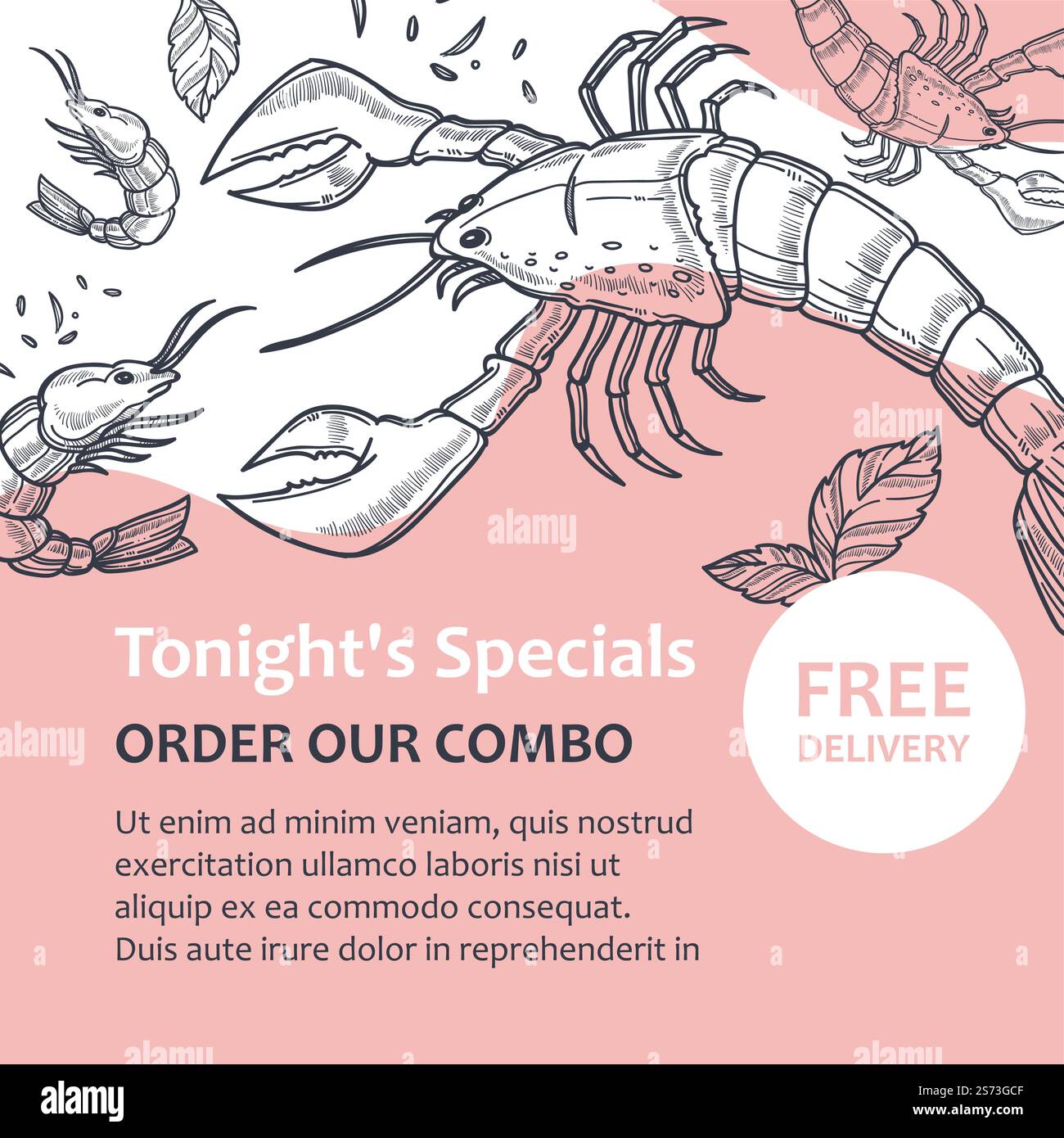 Garnelen und Hummer, bestellen Sie unsere Combo im Restaurant und erhalten Sie kostenlose Lieferung für spezielle Mahlzeiten. Heute Abend Special vom Koch, Gourmet-Gerichte, Meeresfrüchte Vielfalt. Einfarbige Skizzenkontur, Vektor in abgewickelter Form. Hummer und Garnelen, Kombi-Lieferung kostenlos bestellen Stock Vektor