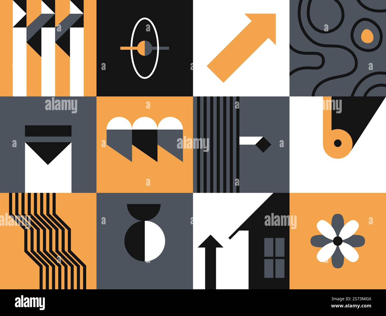Zeitgenössische Kunst mit abstrakten quadratischen Drucken, Formen und Formen. In Richtung zeigende Pfeile, gekrümmte Linien und gerades Geometriemuster. Haus und blühende Wildblumen. Vektor in abgewickelter Form. Abstrakte quadratische Drucke, zeitgenössisches Kunstdesign Stock Vektor