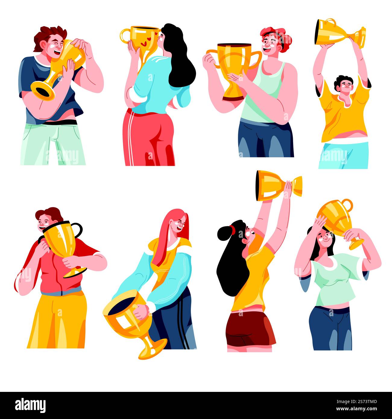 Männliche und weibliche Charaktere mit Trophäen und Goldbechern, Sieg und Gewinner feiern. Meisterschaft oder Herausforderung Abschluss, Erfolg und Erreichen von Sportzielen. Vektor in abgewickelten Formaten. Personen mit Belohnungen, Gewinner mit Trophäenpreis Stock Vektor