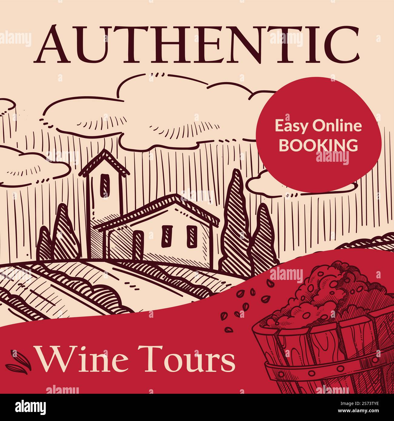 Einfache Online-Buchung für authentische Weintouren. Italienische Landschaft mit Traubenfeldern und Weinbergen. Exkursion mit Besonderheiten der Prozessherstellung alkoholischer Getränke. Vektor in abgewickelter Form. Authentische Weintouren, einfache Online-Buchung Vektor Stock Vektor