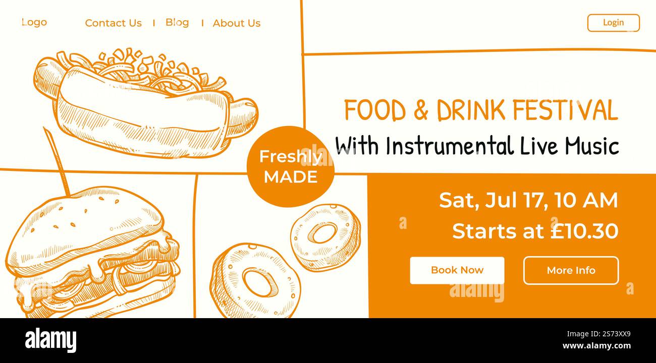 Festival mit Speisen und Getränken, Live-Instrumentenmusik und Unterhaltung. Veranstaltung für Gourmets, kulturelles Treffen besonderer Anlass. Vorlage für Website-Landing-Page, Internet-Site. Vektor in abgewickelter Form. Essen und Trinken Festival, Instrumentalmusik live Stock Vektor