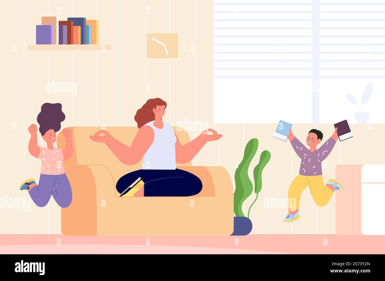 Chaos zu Hause. Mutter bleib ruhig mit Meditation. Verrückte Kinder laufen, glückliche Kinder zu Hause während der Ferien, im Urlaub oder Fernunterricht. Familienvektorszene, Muttermeditation. Chaos zu Hause. Mutter bleib ruhig mit Meditation. Verrückte Kinder laufen, glückliche Kinder zu Hause während der Ferien, im Urlaub oder Fernunterricht. Familienvektorszene Stock Vektor