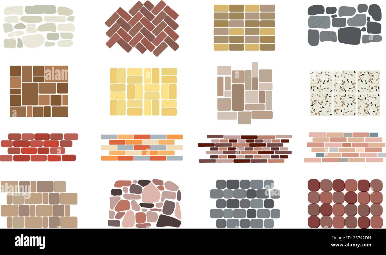 Natursteinstrukturen. Italienische quadratische Steinmauer, Granitblock und Kopfsteinpflasterboden. Innenfliesen mit Terrazzo-Muster, rote Karikaturen und Marmor-anständige Vektorsatz des Hintergrundbodenmosaiks. Natursteinstrukturen. Italienische quadratische Steinmauer, Granitblock und Kopfsteinpflasterboden. Innenfliesen mit Terrazzo-Muster, rote Karikaturen und Marmor-Vektor-Set Stock Vektor