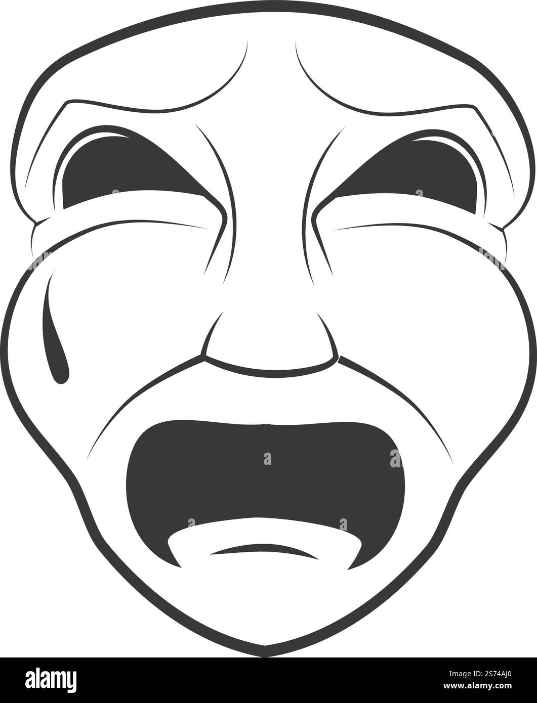 Tragödien-Symbol. Weinende Gesichtsmaske. Theaterschild isoliert auf weißem Hintergrund. Tragödien-Symbol. Weinende Gesichtsmaske. Theaterschild Stock Vektor