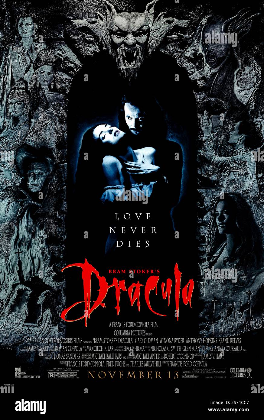 Bram Stokers Dracula (1992) von Francis Ford Coppola mit Gary Oldman, Winona Ryder und Anthony Hopkins. Eine gotische Nacherzählung der klassischen Vampirgeschichte von Liebe und Dunkelheit. Foto eines Original-Posters aus dem Jahr 1992 (US-1-Blatt). NUR REDAKTIONELLE VERWENDUNG. Quelle: BFA / Columbia Pictures Stockfoto