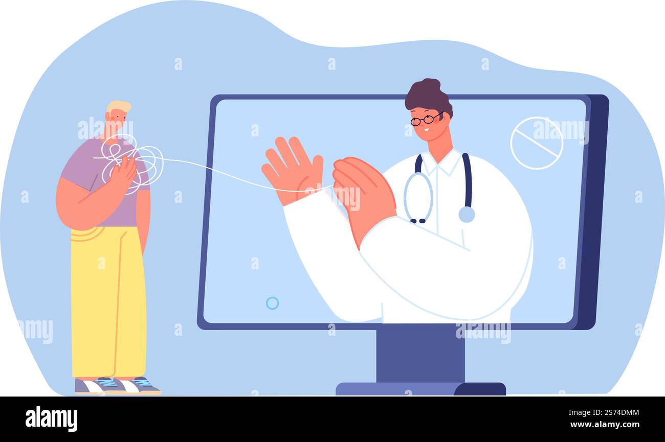 Online-Psychotherapeut Help Guy. Virtuelle Medizin, Geist und Gefühle lösen Probleme. Psychologie, Psychotherapie-Vektorkonzept. Illustration psychologischer Hilfe und Unterstützung. Online-Psychotherapeut Help Guy. Virtuelle Medizin, Geist und Gefühle lösen Probleme. Psychologie, Psychotherapie-Vektorkonzept Stock Vektor