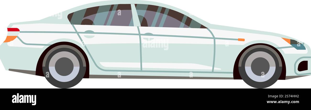 Weiße Limousine. Auto-Symbol mit Seitenansicht im Cartoon-Stil isoliert auf weißem Hintergrund. Weiße Limousine. Auto-Symbol mit Seitenansicht im Cartoon-Stil Stock Vektor