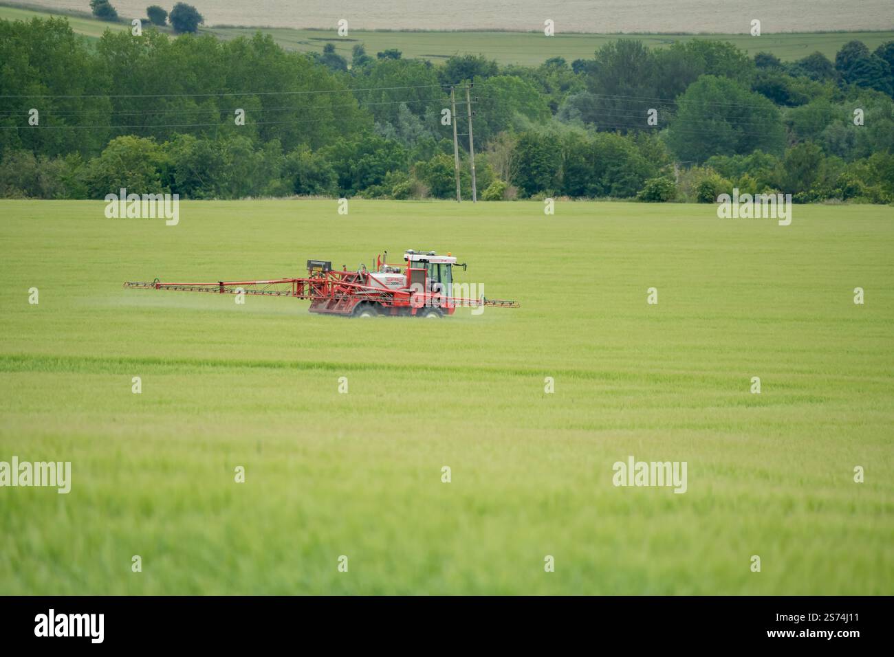 Eine große Feldspritze für Rotwein in Aktion auf einem Feld mit Jungweizen Stockfoto