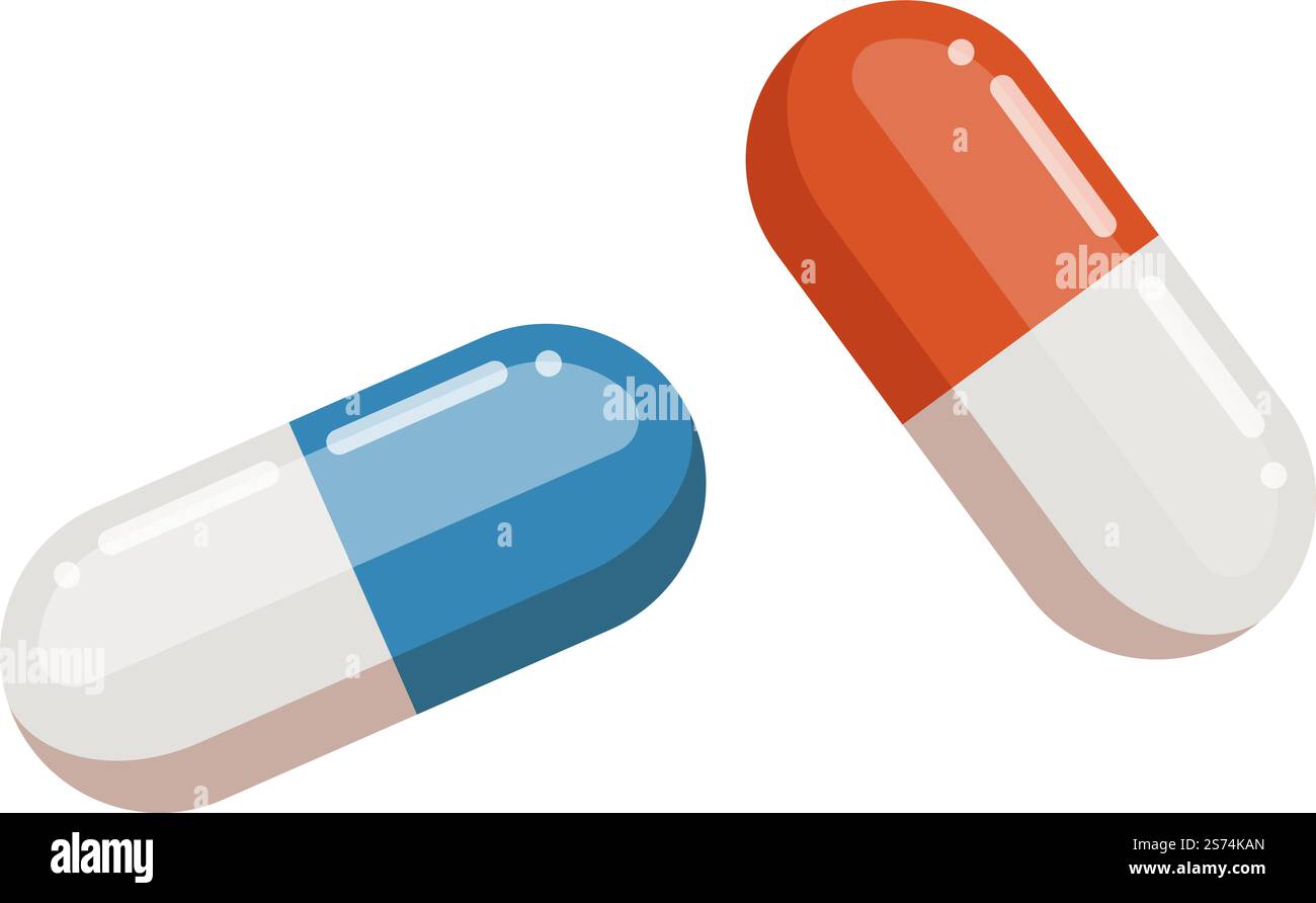 Medizinische Kapseln. Pharmazeutisches Medikament in roten und blauen Pillen isoliert auf weißem Hintergrund. Medizinische Kapseln. Pharmazeutikum in roten und blauen Pillen Stock Vektor
