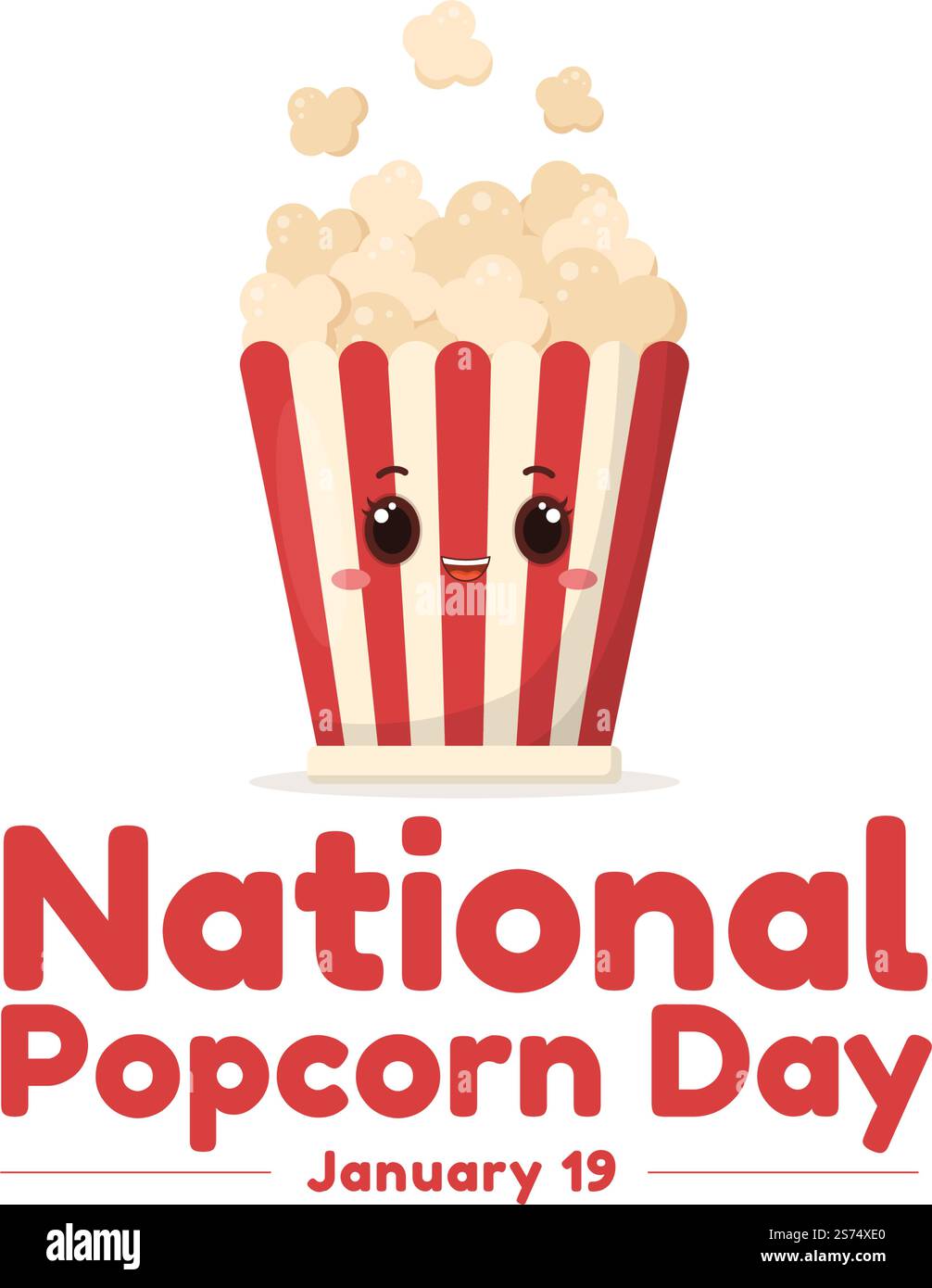 National Popcorn Day am 19.. Januar mit einer großen Box mit roten und weißen Streifen in flachen Cartoon-Hintergrund handgezeichnete Vorlagen Illustration Stock Vektor