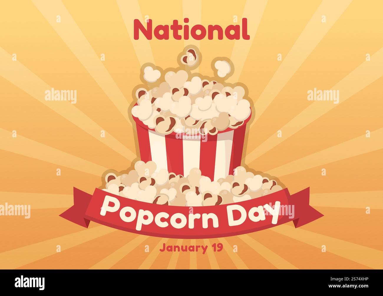 National Popcorn Day am 19.. Januar mit einer großen Box mit roten und weißen Streifen in flachen Cartoon-Hintergrund handgezeichnete Vorlagen Illustration Stock Vektor