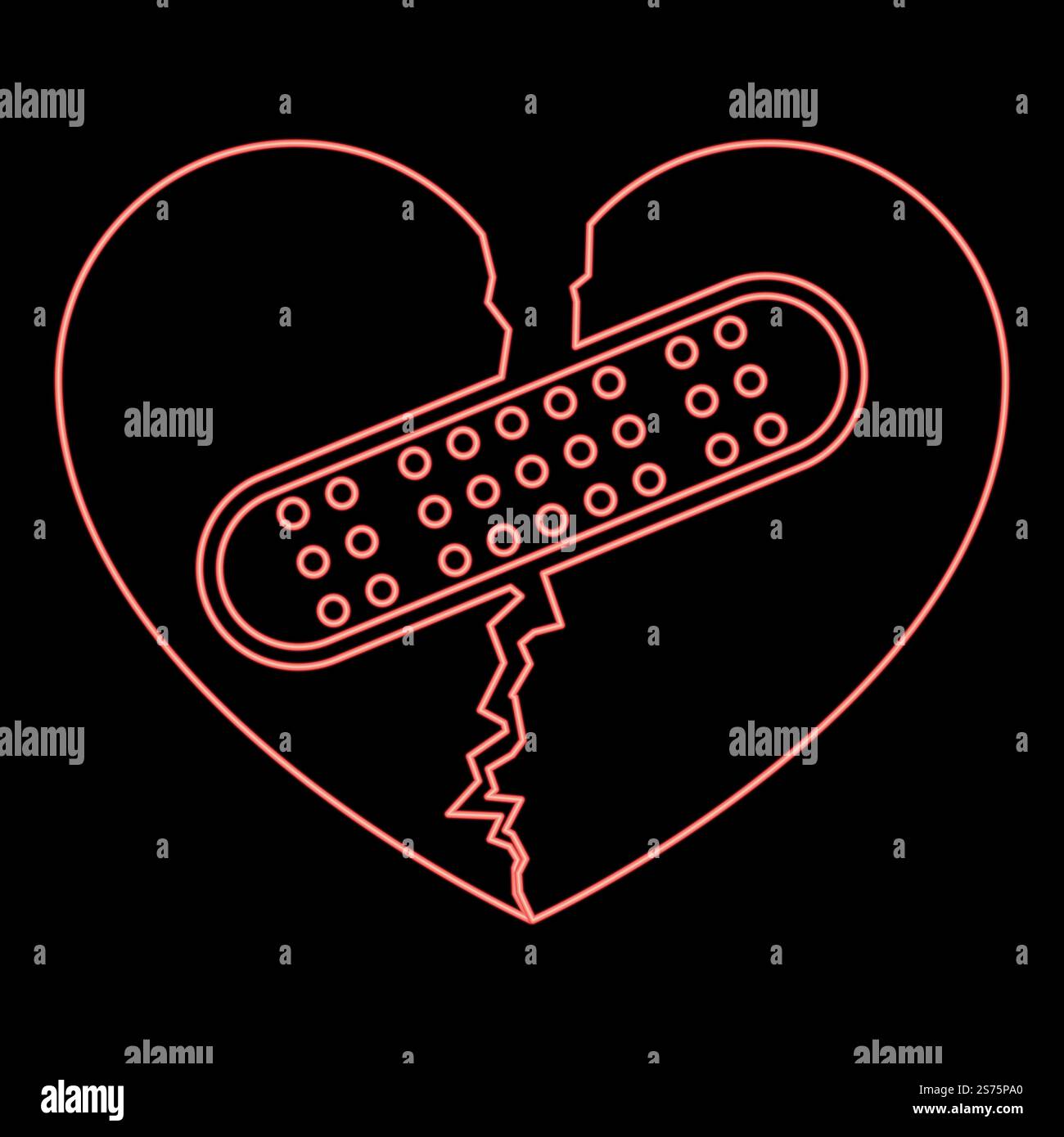 Neon Herz mit Patch verbindet zwei Hälften Symbol Schwarz Farbe Vektor Illustration flach Stil einfaches Bild Rot Farbe Vektor Illustration Bild flach Stil Licht. Neonherz mit Patch zwei Hälften verbinden Symbol Schwarz Farbe Vektor Illustration flach Stil Bild Rot Farbe Vektor Illustration Bild flach Stil Stock Vektor