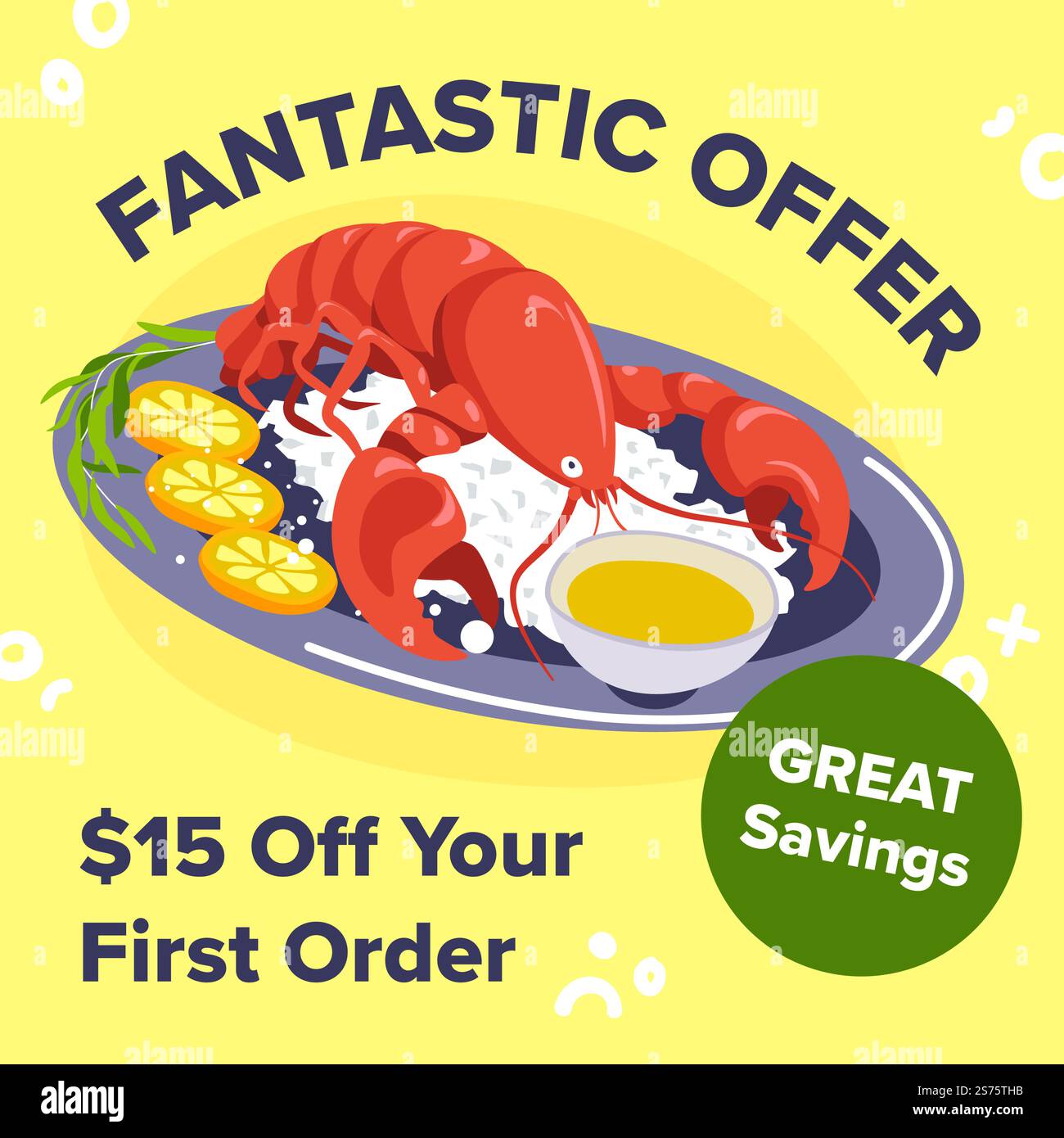 Hummer mit Zitronen und Kräutern im Restaurant mit Angebot und Rabatten für Gäste. Leckere Meeresfrüchte und nahrhafte Mahlzeiten, Frühstück oder Abendessen im Restaurant. Köstliche Gerichte. Vektor in abgewickelter Form. Fantastisches Angebot, Hummer mit Rabatt im Restaurant Stock Vektor