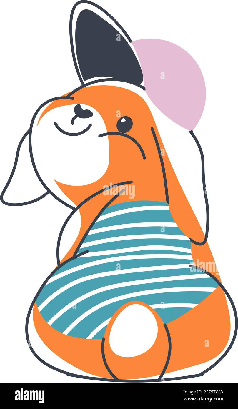 Häschen im Badeanzug und Matrosenhut lächelnd. Abgeschiedene, fröhliche Persönlichkeit am Strand. Wilder Hase mit langen Ohren und kurzem Schwanz mit süßem Mündungsausdruck, Kaninchen. Vektor in abgewickelter Form. Kaninchen in Matrosenuniform und Sommerhüten Stock Vektor