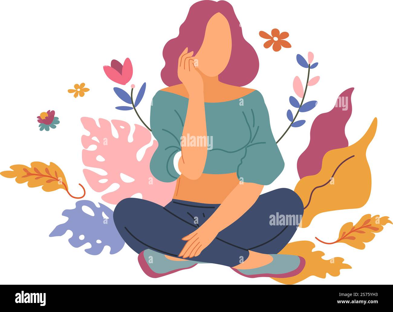 Frauen sitzen umgeben von Blumen und Laubbotanik, isoliertem weiblichem Charakter, Weiblichkeit und Eleganz. Hübsche Persönlichkeit, Schönheit und Kosmetik oder Spacsalonverfahren. Vektor in abgewickelter Form. Weibliche Frau mit Laub und Blätter Vektor Stock Vektor