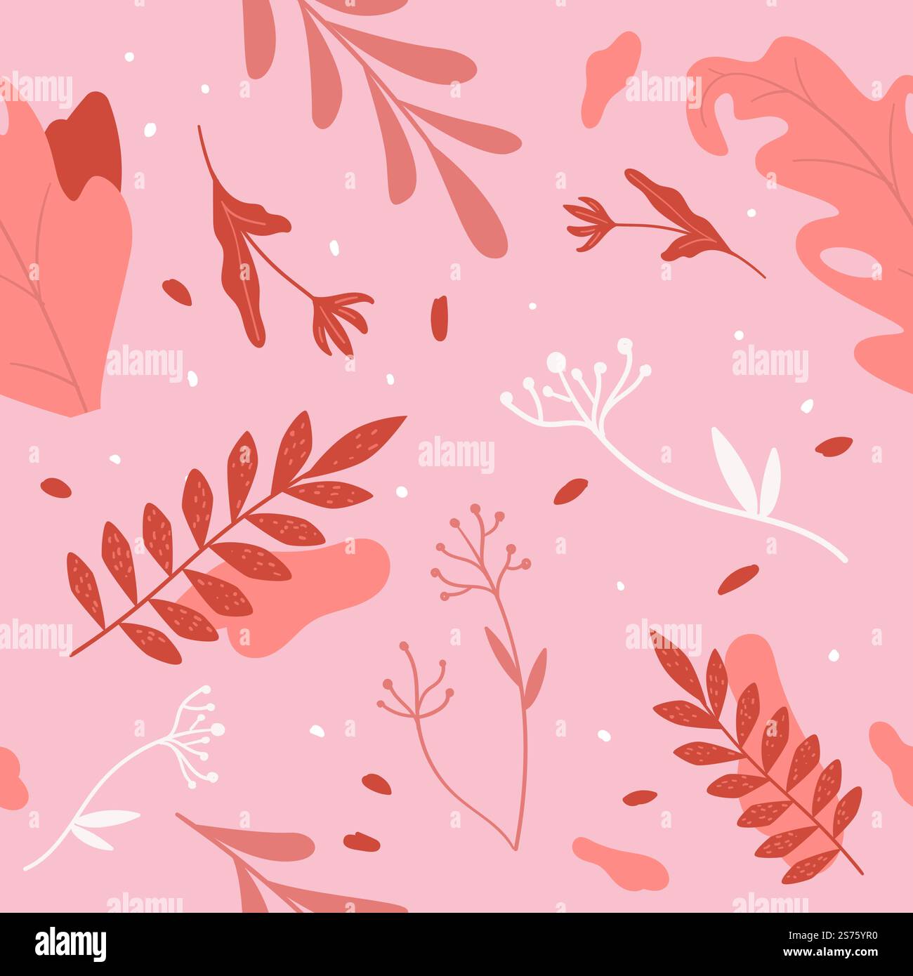 Laub und Blätter, Sommer- oder Frühlingsschmuck und Dekoration. Zweige und Zweige, Blätter und blühende Pflanzen botanischer Varietät. Nahtloses Muster, Hintergrund- oder Hintergrundbild. Vektor in abgewickelter Form. Natur- und Botanikpflanzen, Laub und Blätter drucken Stock Vektor