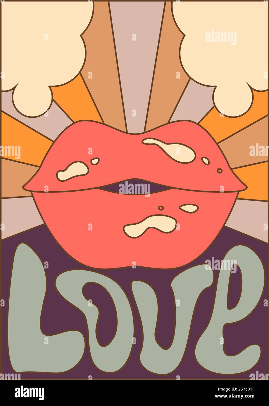 Retro-Druck oder Plakat mit Lippen und Gedankenblasen mit Kopierraum. Liebe, Banner für Text, Vintage-Design. Kosmetik und Make-up des Gesichtsteils der Frau. Vektor in abgewickelter Form. Liebe Retro-Muster mit Lippen und Gedankenblasen Stock Vektor