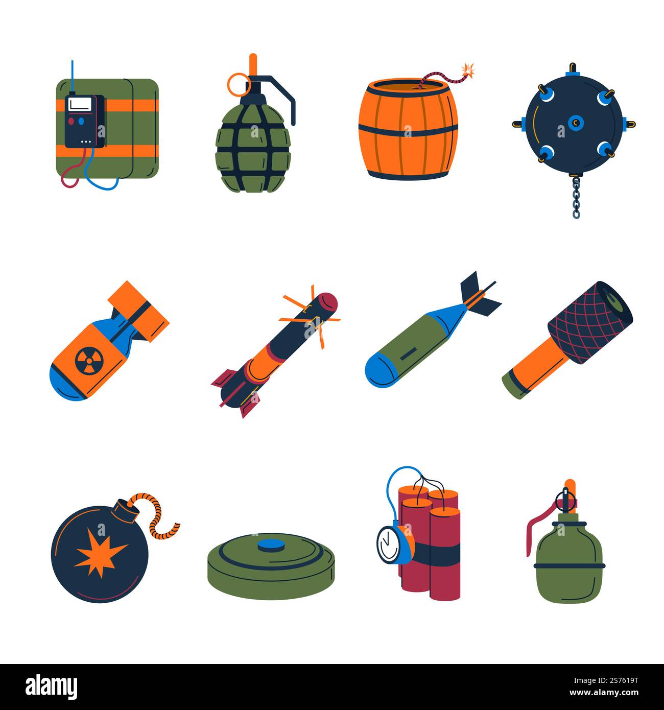 Typen und Arten von Bomben, Timer und Detonation. Rakete und Rakete mit Atomkraft, Explosion und Schaden. Fusion und Spaltung, Waffen für den Angriff auf militärische Konflikte. Vektor in abgewickelter Form. Bombenarten, Raketen und Raketen Iconvektor Stock Vektor Typen und Arten von Bomben, Timer und Detonation. Rakete und Rakete mit Atomkraft, Explosion und Schaden. Fusion und Spaltung, Waffen für den Angriff auf militärische Konflikte. Vektor in abgewickelter Form. Bombenarten, Raketen und Raketen Iconvektor Stock Vektor