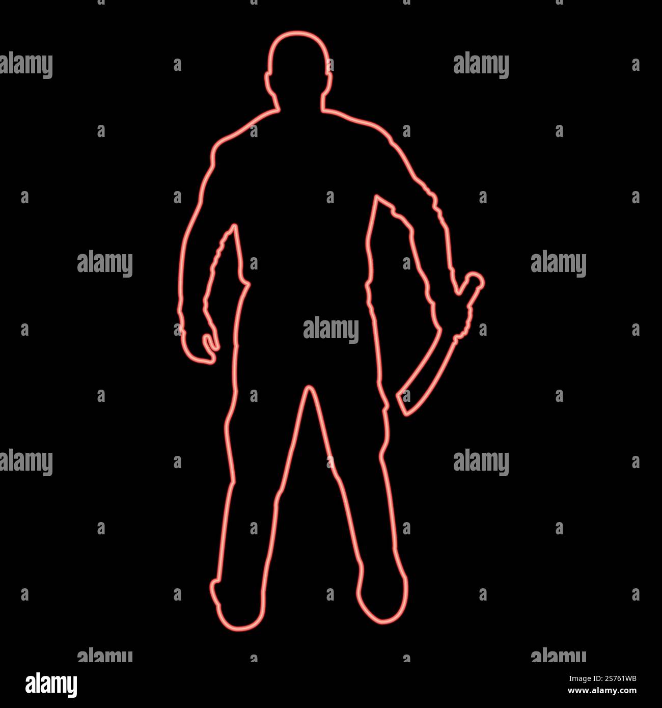 Neon Mann mit Schwertmachete Kalte Waffen in der Hand Militärmann Soldat Soldat Soldat in verschiedenen Positionen Hunter mit Messer Kampf stellt starke Verteidiger Krieger Konzept Waffen stehend Ansicht von hinten schreckliche und gruselige rote Farbe Vektor Illustration Bild flache Stil Licht. Neon Mann mit Schwert Machete Kalte Waffen in der Hand Militärmann Soldat Soldat Soldat in Positionen Hunter mit Messer Kampf Posts starker Verteidiger Krieger Konzept Waffen Stand Ansicht von hinten schreckliche und gruselige rote Farbe Vektor Illustration Bild flach Stil Stock Vektor