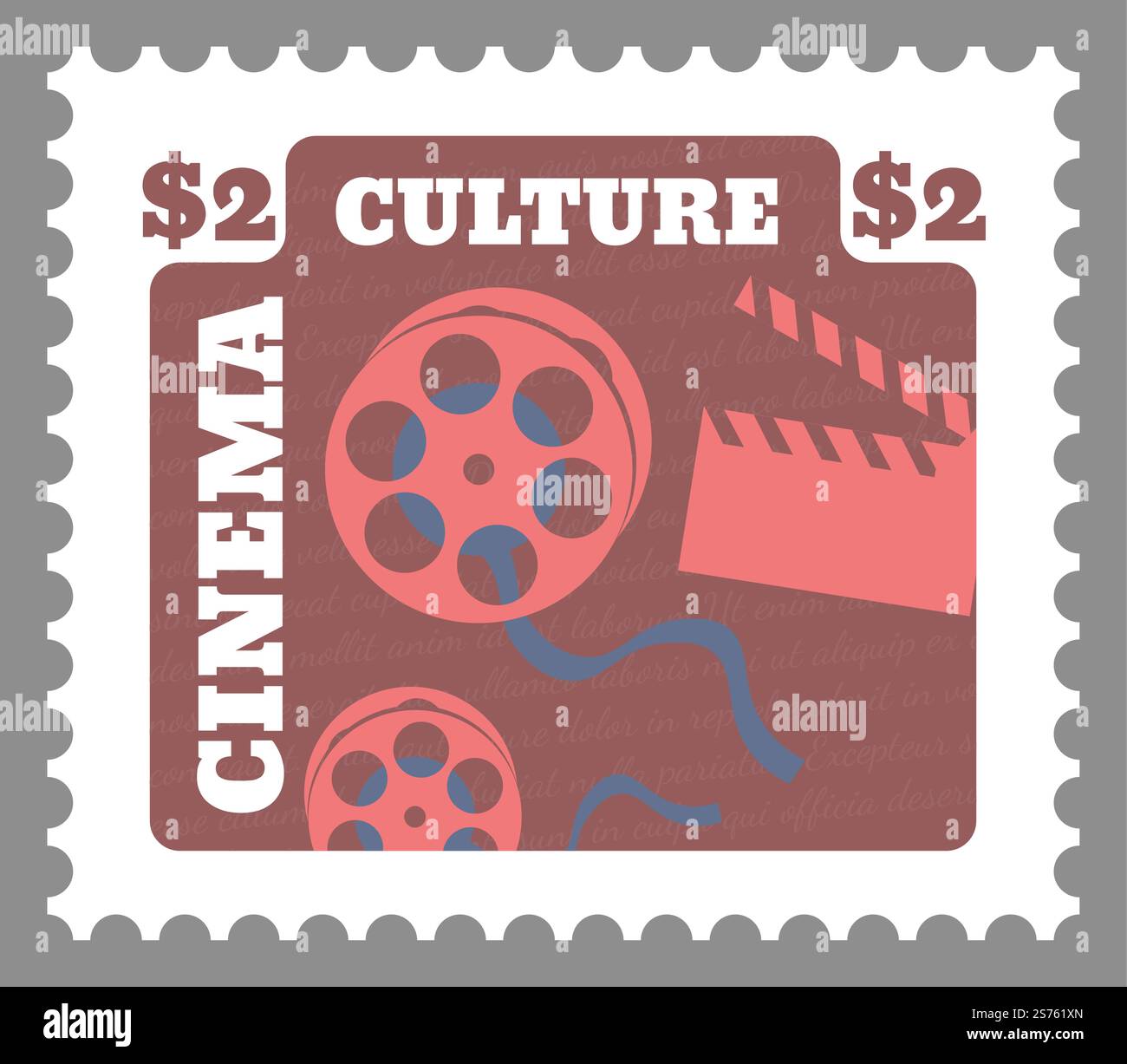 Kinematografie und Filmindustrie, Poststempel oder Postkarte. Rollen und Klapper, Kassette mit Filmen. Alte Schulausrüstung zum Filmen. Postzeichen oder Karte mit Preis. Vektor in abgewickelter Form. Poststempel oder Postkarte mit Preisen Stock Vektor