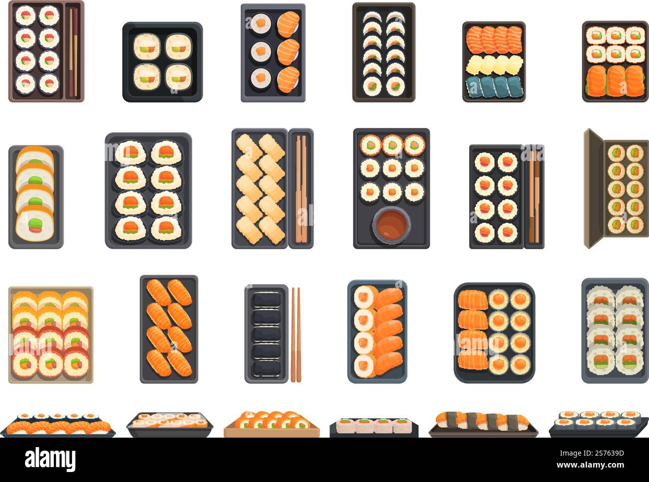 Sushi To Go-Symbole setzen Cartoon-Vektor. Lebensmittelverpackung. Box zum Mitnehmen. Sushi To Go-Symbole setzen Cartoon-Vektor. Lebensmittelverpackung Stock Vektor