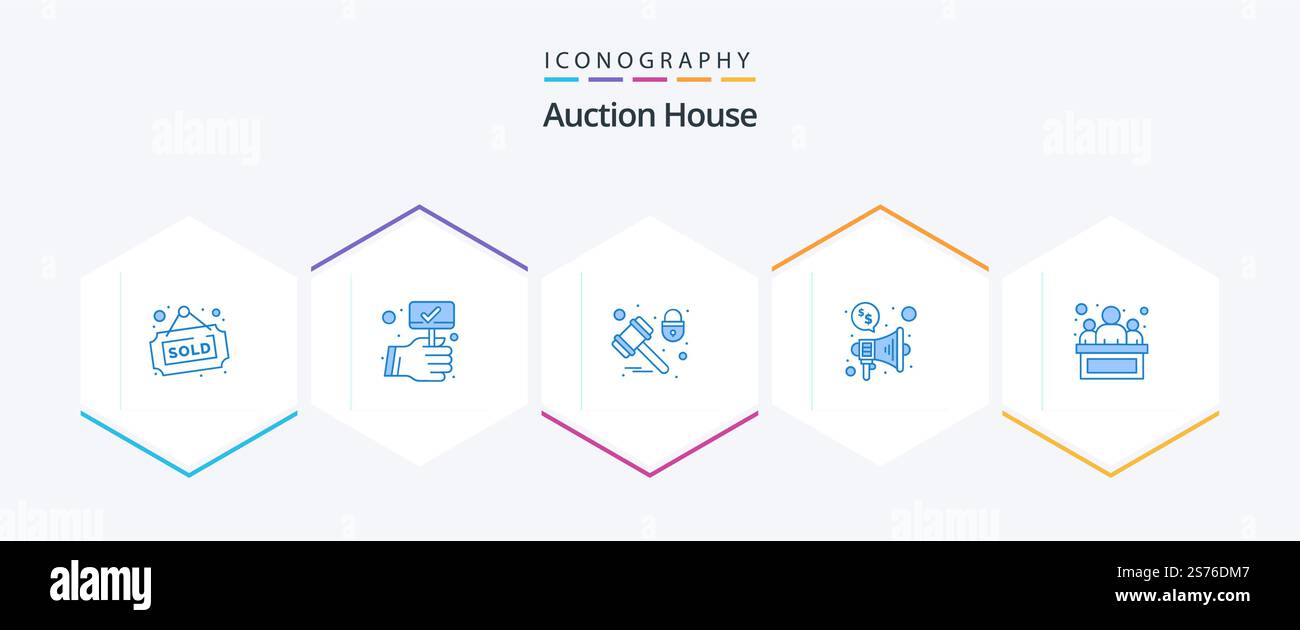 Auction 25 Blue Icon Pack inklusive Court. Lautsprecher. Gerechtigkeit. Megafon. Schutz Stock Vektor