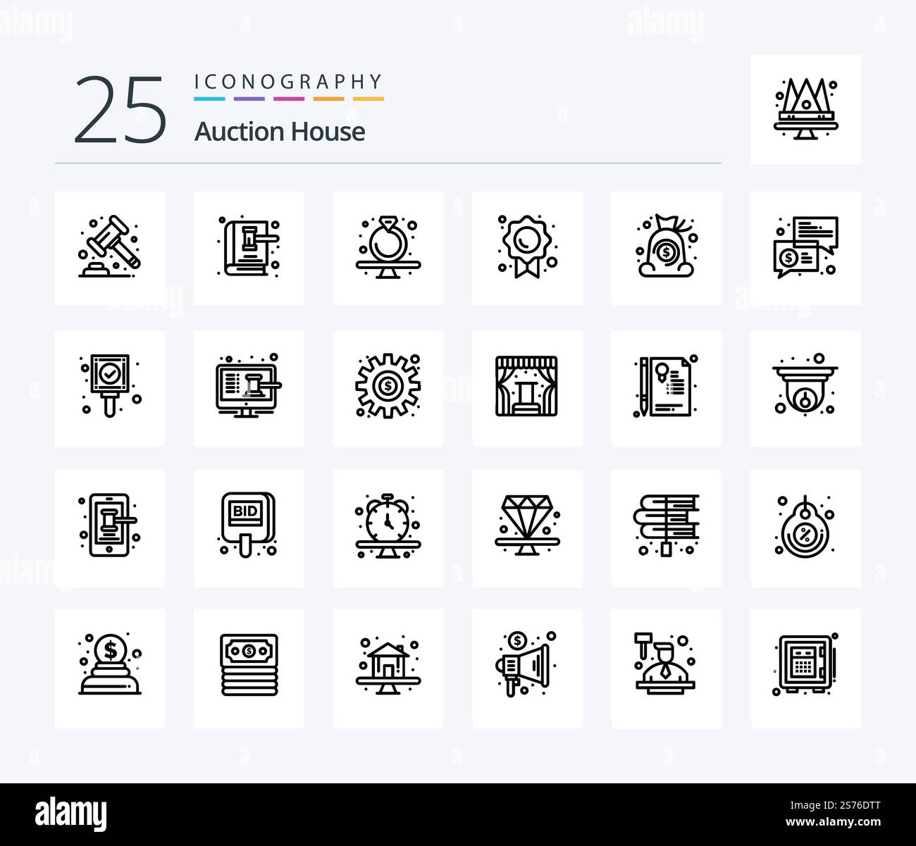 Auktion 25 – Symbolpaket mit Markierung. Qualität. Gesetzbuch. Zertifikat. Ring Stock Vektor