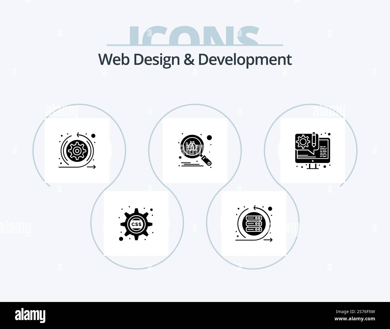Web-Design Und -Entwicklung Glyph Icon Pack 5 Icon-Design. Design. suchen. Server. Scannen. Sprint Stock Vektor