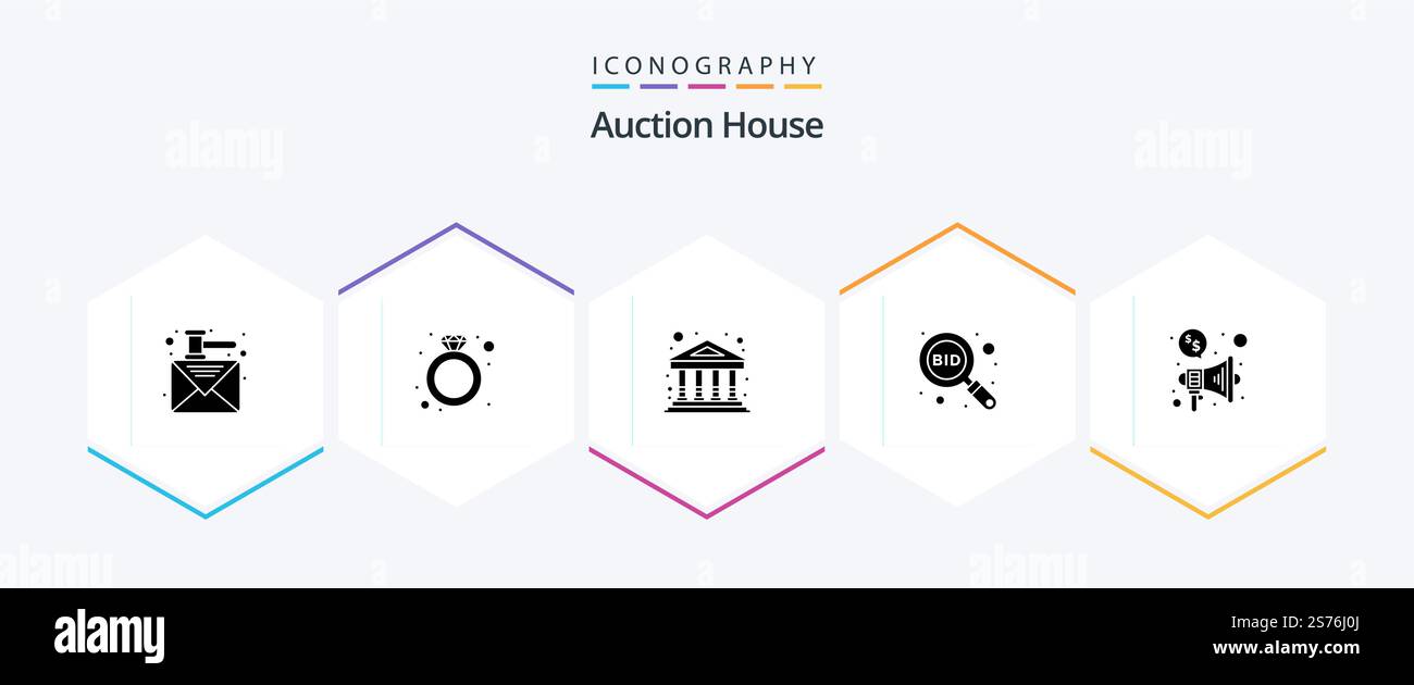 Auction 25 Glyph Icon Pack mit Megafon. Gebot. artikelsuche. Erkunden Stock Vektor
