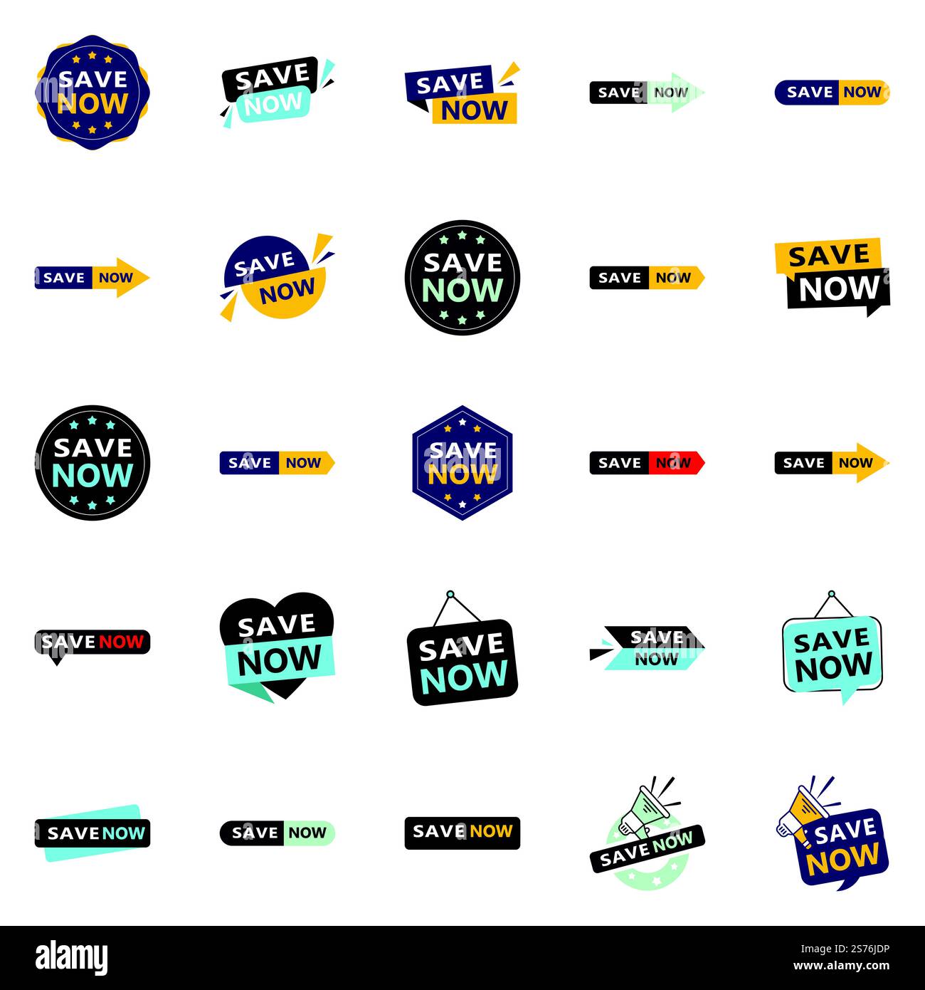 Sparen Sie jetzt 25 einzigartige typografische Designs für eine personalisierte Rabattbotschaft Stock Vektor