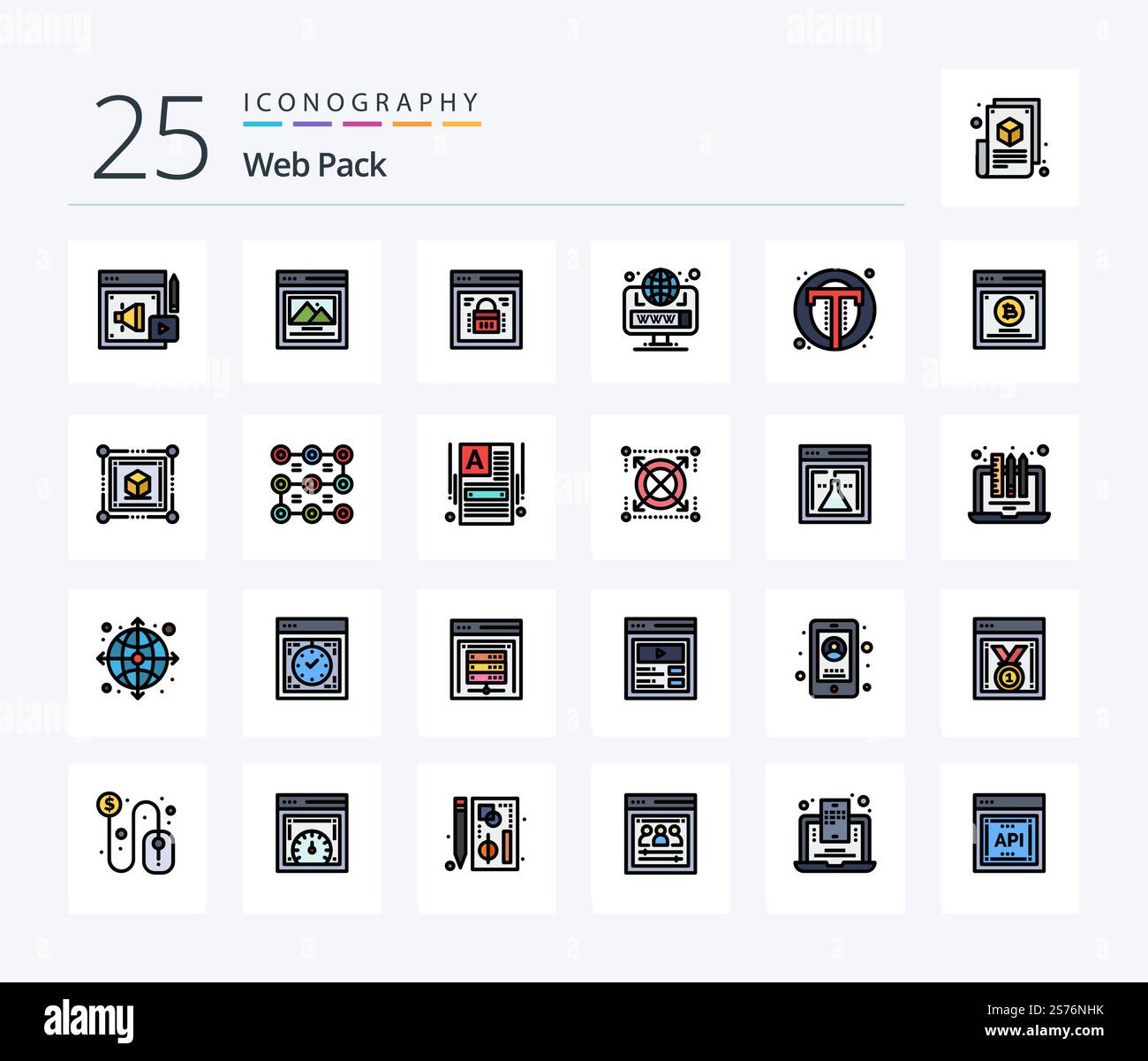 Webpaket mit 25 Zeilen Symbolpaket einschließlich Foto. Web. Seitensperre. Standort. Browser Stock Vektor