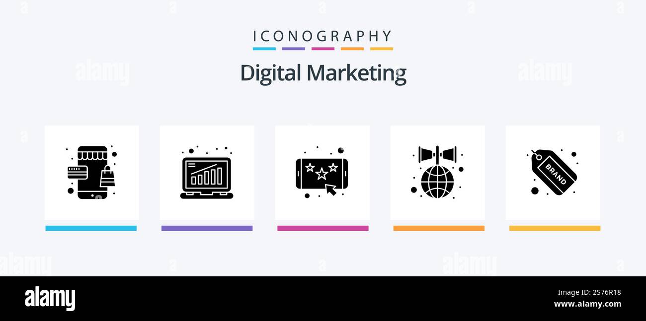 Digital Marketing Glyph 5 Icon Pack mit Label. Lautsprecher. Premium. Beförderung. Werbung. Kreatives Symboldesign Stock Vektor