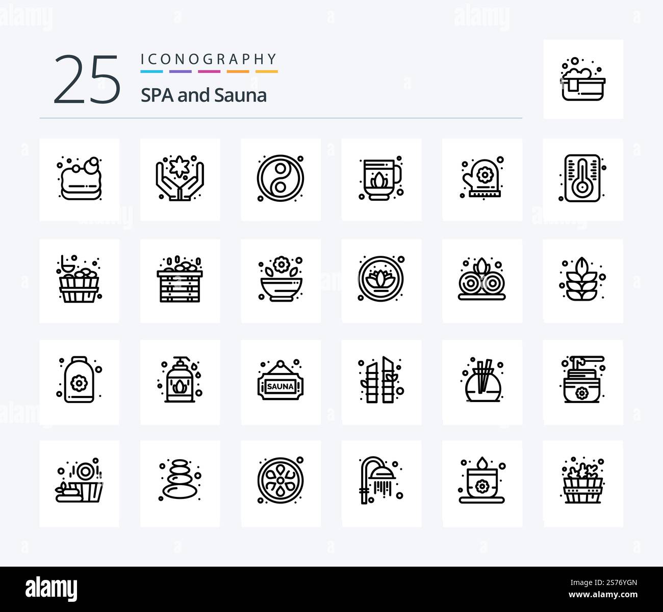 Sauna 25 Line Icon-Paket mit Thermometer. Grad. jin. Sauna. Ofenhandschuh Stock Vektor