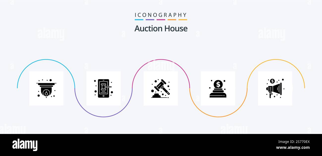 Auction Glyph 5 Icon Pack mit Megafon. Werbung. Auktion. Geld. Wohltätige Zwecke Stock Vektor