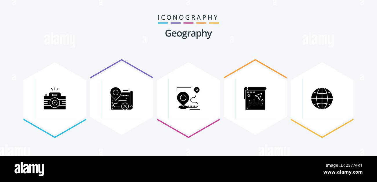 Geo Graphy 25 Glyph Icon Pack inklusive Erde. Globus. Schließen. Position. Ziel Stock Vektor
