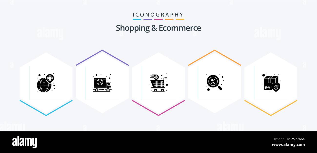 Shopping und E-Commerce 25-Glyph-Symbolpaket inklusive Lieferung. Suchen. LKW. e-commerce. Einkaufen Stock Vektor