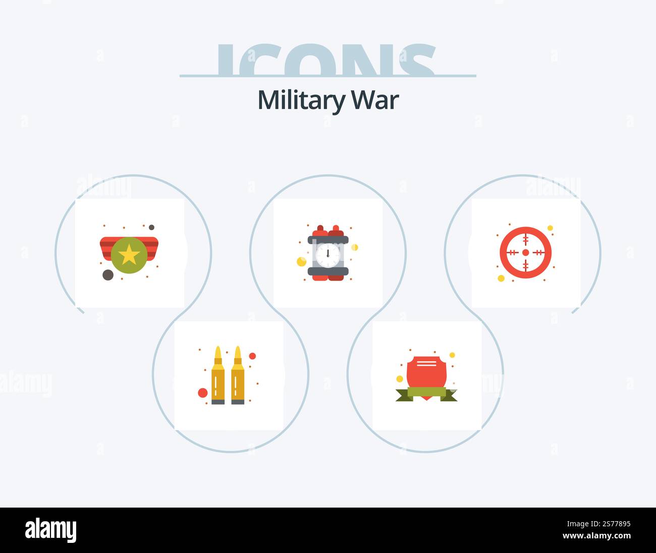 Military War Flat Icon Pack 5 Icon-Design. Die Armee. Die Armee. Zeitbombe. Verbrechen Stock Vektor