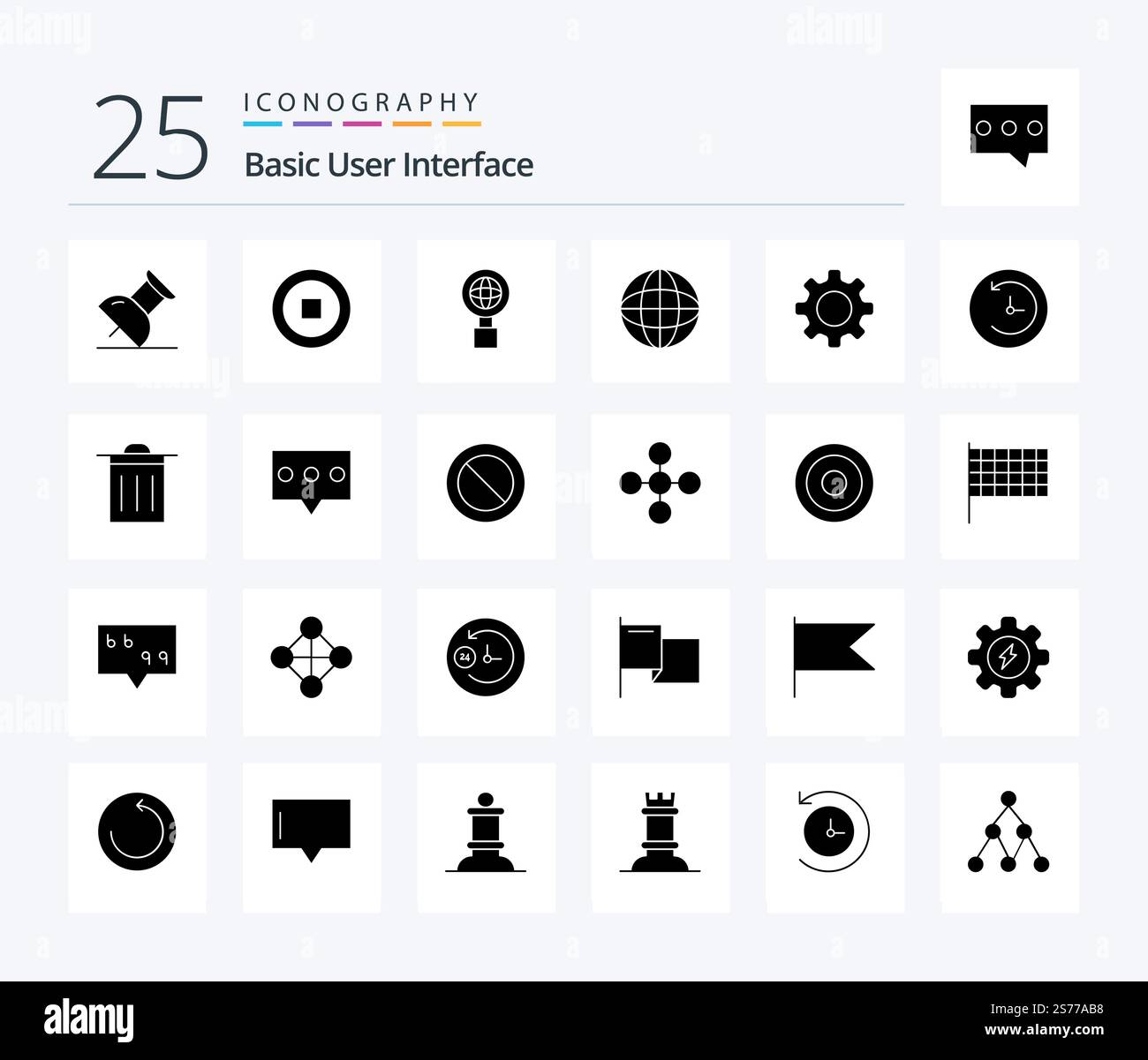 Basic 25 Solid Glyph Symbolpaket einschließlich ui. Einfach. Einfach. Zeitmaschine. Verstärkung Stock Vektor