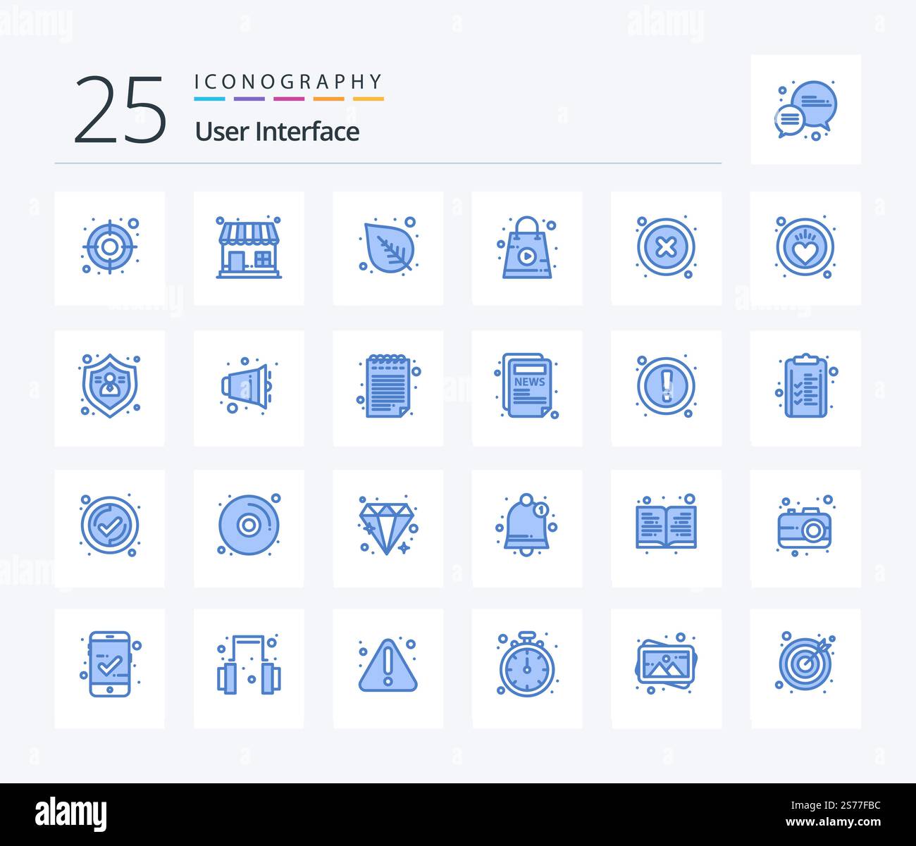 Benutzeroberfläche 25 Blaues Symbolpaket mit Benutzer. Löschen. Die Natur. abbrechen. Speichern Stock Vektor