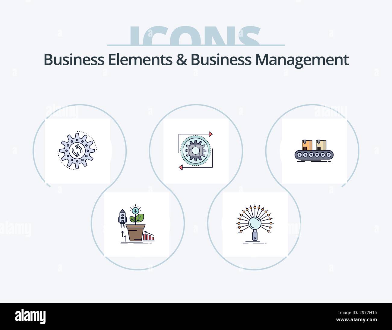 Business Elements Und Business Management Line Filled Icon Pack 5 Icon Design. Datenbank. Kombination. Zeitplan. Seite. Datei Stock Vektor