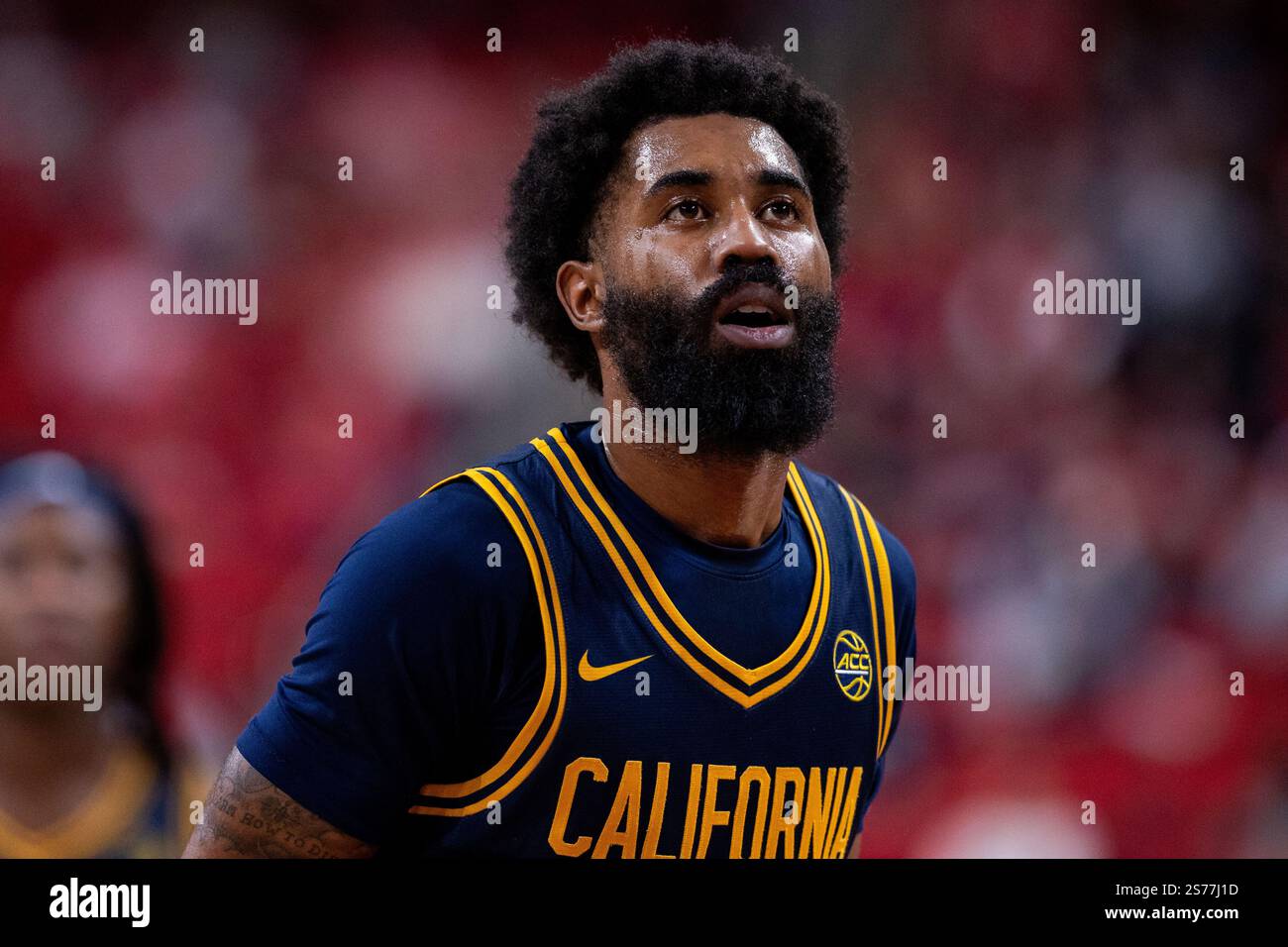 18. Januar 2025: Der kalifornische Garde Jovan Blacksher Jr. (10) schießt während der zweiten Hälfte des NCAA College Basketball Matchups im Lenovo Center in Raleigh, NC, einen Freiwurf gegen den North Carolina State. (Scott Kinser/CSM) Stockfoto