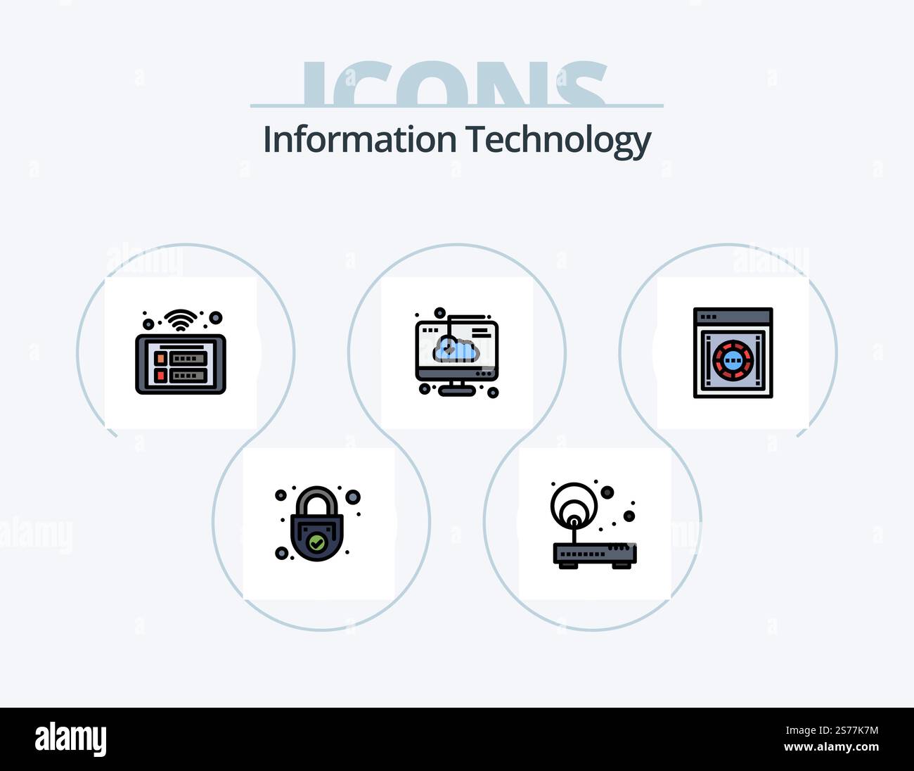 Informationstechnologie Line Filled Symbolpaket 5 Symboldesign. Lokal. Bereich. Schild. Elektrisch. Computer Stock Vektor